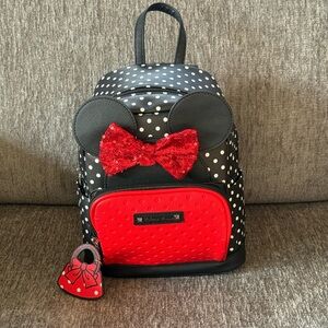 Disney Minnie Mouse Polka Dot Kids Backpack With Sequin Bow & Faux Leather Tag